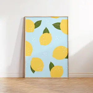 unframed Sky Blue Bright Wall Prints, Lemon Printable, Hallway Decor, Botanical Kitchen Wall Art, Lemon Tree, Colourful Wall Art, Summer Wall Decor