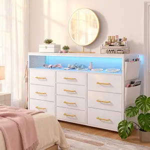 Raybee Furniture Dresser TV Stand with 10 Drawers, LED Lights & AC Outlets for Bedroom with Shelves & Side Pockets Sturdy Metal Frame & Wood Top