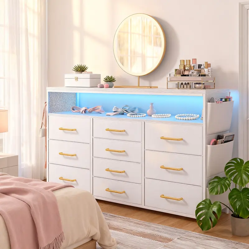 【BlackFriday】Raybee Furniture 10 Drawers Dresser TV Stand,Storage Bins with LED Lights&AC Outlets for Bedroom with Shelves & Side Pockets Sturdy Metal Frame&Wood Top Shelf,Perfect for Dorm or Apratment,Storage Cabinet in Bedroom for Renters,Easy Assembly