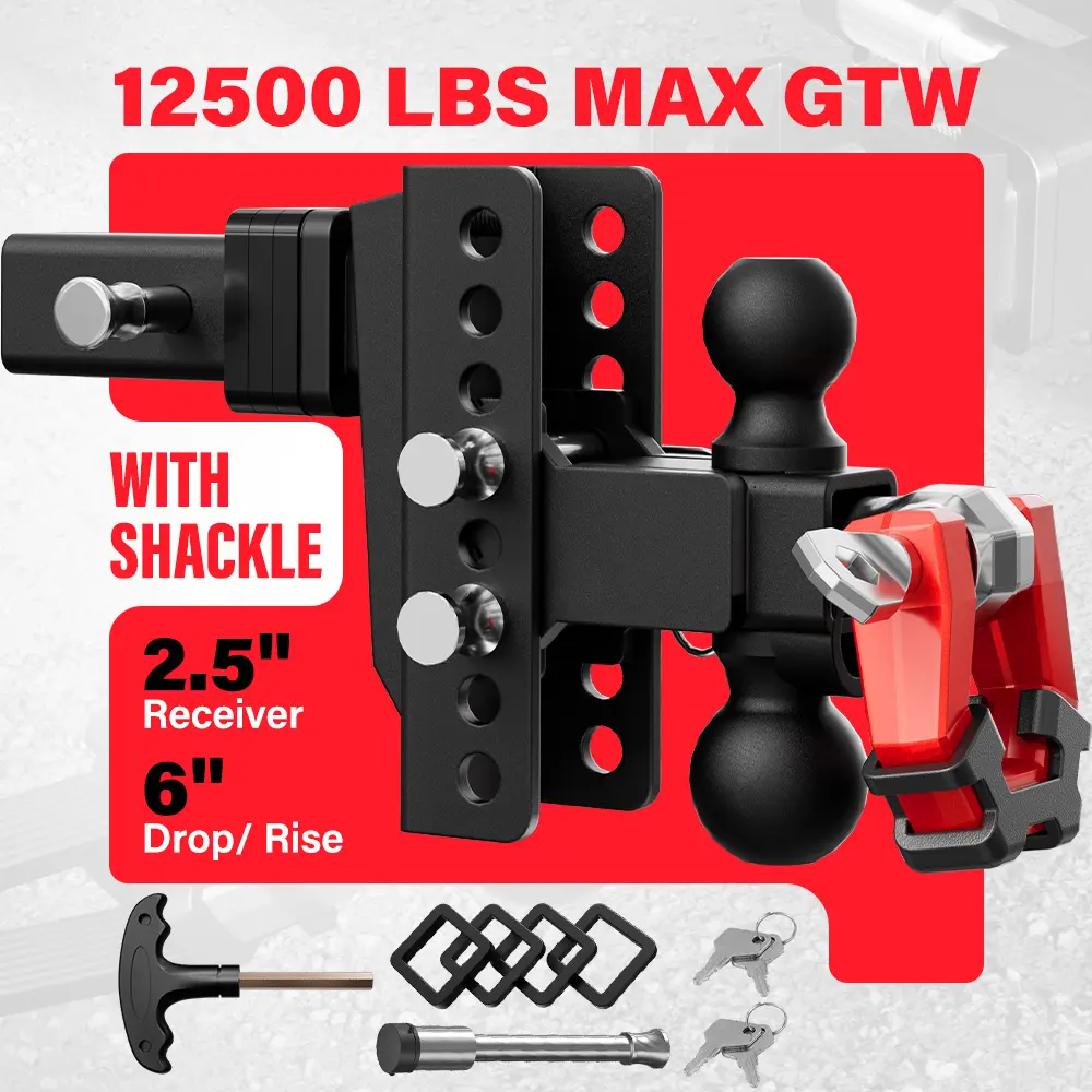 Adjustable Trailer Hitch - Fit 2.5 Inch Receiver Dual Ball Mount with Shackle, 12500 LBS GTW, Anti-Theft Keyed Locks, Integrated Trailer Muffler & Rubber Pads & Metal Pad for Noise Reduction,Perfect for trucks, campers, boats & more.cars accessories