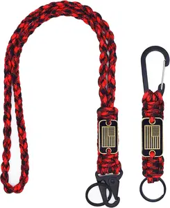 2 Pcs Black Synthetic Paracord Lanyard Keychain - 19.68 Inch Heavy Duty Braided Parachute Rope with 3D Flag Design for Outdoor Activities, Camera, Whistle