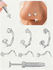Stainless Steel Cz Nose Ring, 18g S-Shaped Heart Design, Star Pattern, Unisex Soft Cartilage Earring Studs, Fashionable Versatile Jewelry, Nose Piercing Jewelry