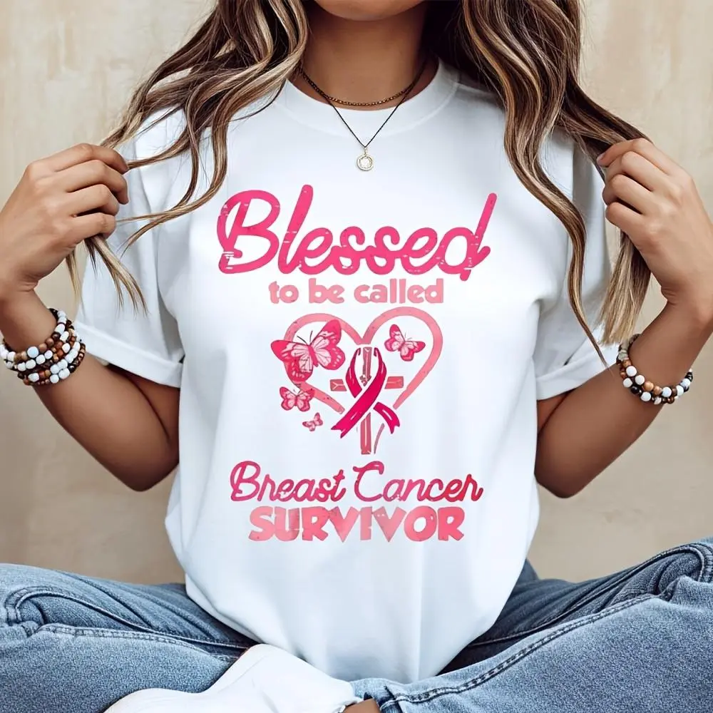 Blessed To Be Called Breast Cancer Survivor Pink Ribbon Heart Butterfly Print T-Shirt, Breast Cancer Awareness Month Support Gift, Daily Cas