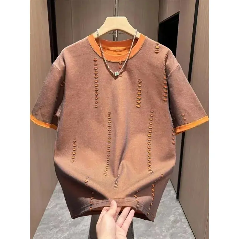 Spring Summer Men's ort Sve T-irt Color Blo Contrast Hole Design Couple Sle Faion Trend Polyester Fiber Breathable