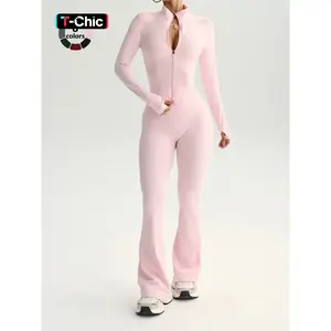 Women’s sportswear set, sweatsuit set, high elasticity slim fit with stand collar and zipper design, warm fleece lining below the knee, soft breathable yoga activewear, sporty style outfits