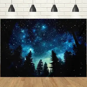 1pc 2D Forest Starry Sky Theme Banner, Blue Galaxy Night View Backdrop, Party Decoration Tapestry, Photo Booth Background Cloth for Multi-scene Atmosphere Decoration