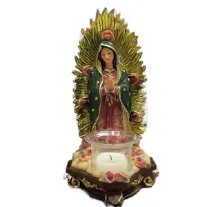 Imagin de la Virgen de Guadalupe with Candle Holder 8 Inch High Decorative Statue with Gold Accents and Pink Flowers