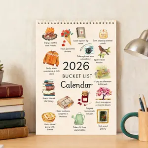 2026 Bucket List Calendar, Monthly Theme Watercolor Art Wall Calendar, A4 Size Decorative Planning Calendar, Life Inspiration Challenge Month Calendar
