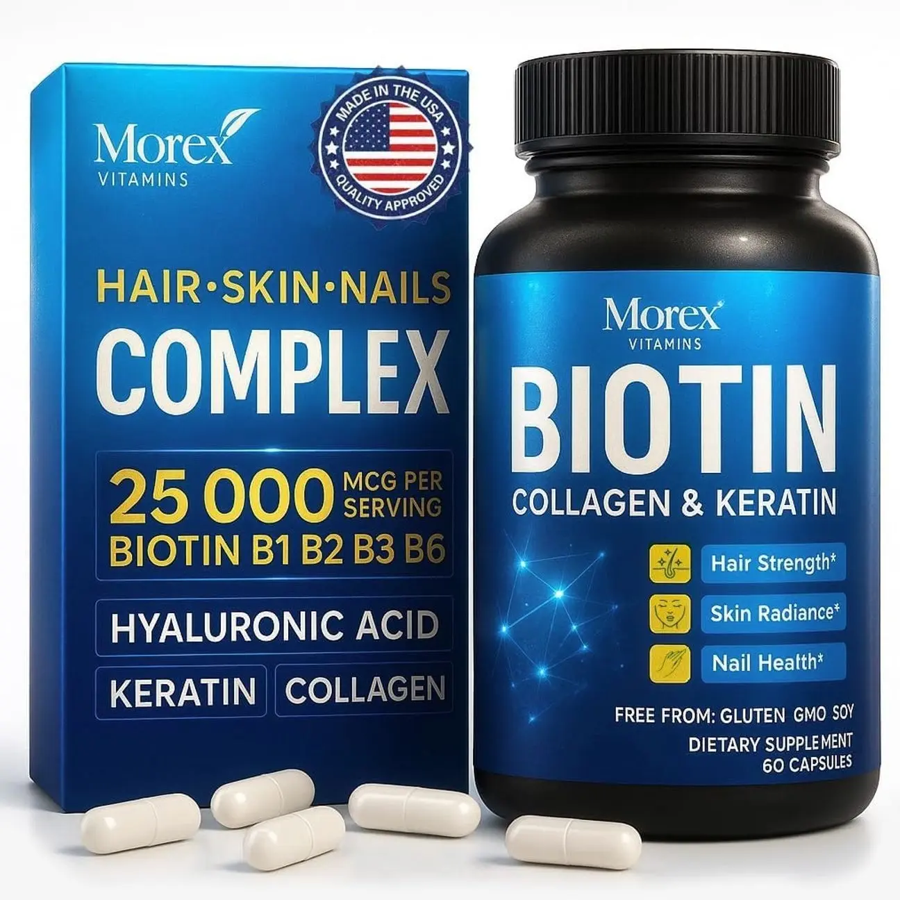 Biotin Collagen Keratin Supplement with Hyaluronic Acid – 25,000 mcg Hair Growth Vitamins for Men and Women – Thickness & Hair Loss Support Complex – Stronger Nails & Healthy Skin – 60 Capsules
