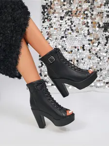 Women's Super High Heel Peep-toe Ankle Boots, Fall/Winter Thick Platform Chunky Heel Lace-up Boots, Sexy Slimming Nightclub Shoes for Women