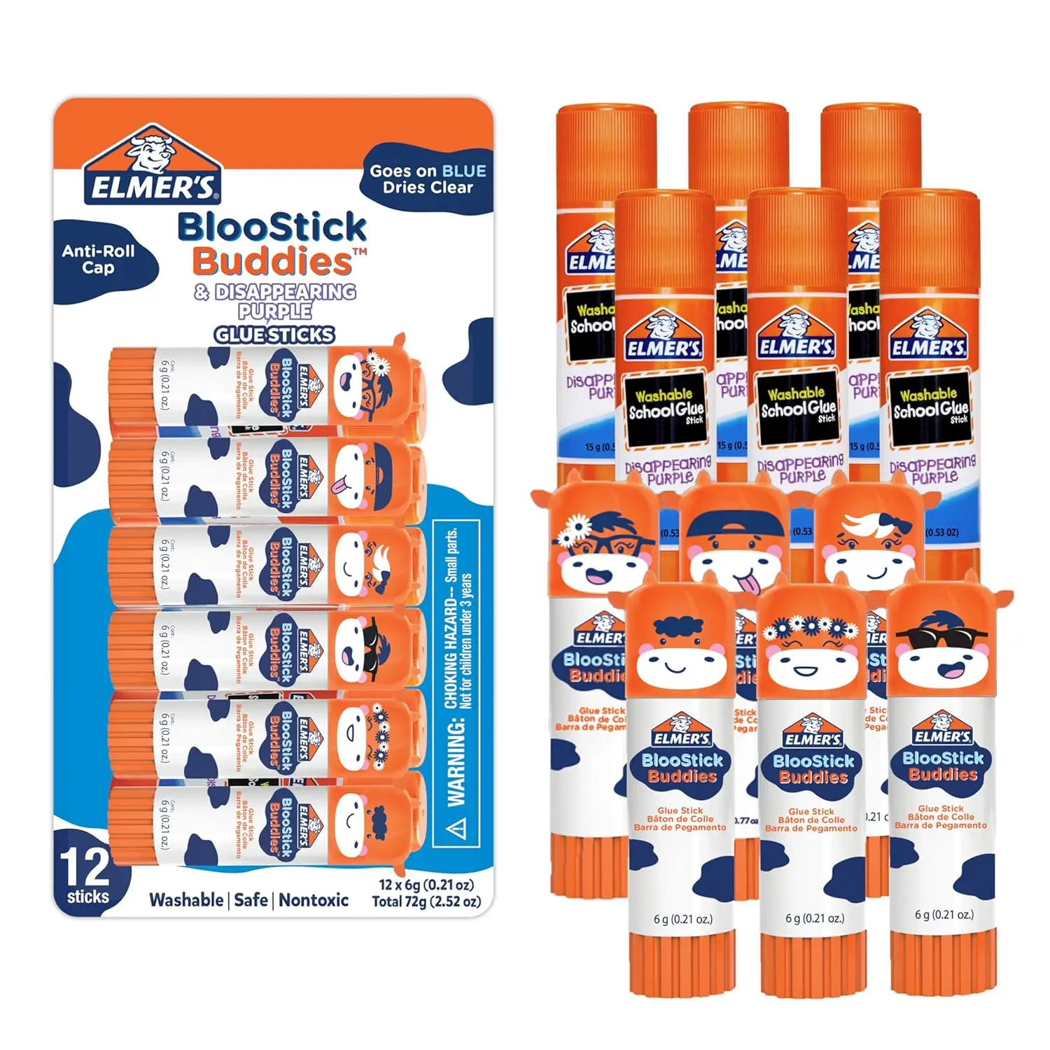 Elmer's Glue Sticks Combo Pack - BlooStick Buddies & Disappearing Purple, 6g, 12-Count Adhesives for Kids School Supplies, Arts & Crafts, #1 Teacher Brand