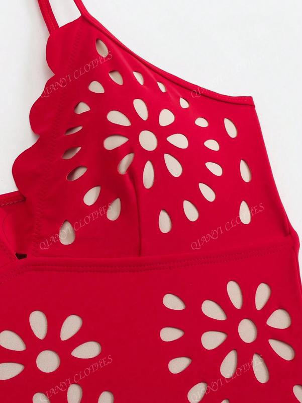 Jointlycreating Women's One Piece Swimsuit & Skirt Laser Cutting Flower Hollow Swimwear Summer Deep V Neck Bathing Suit in Red Navy Black