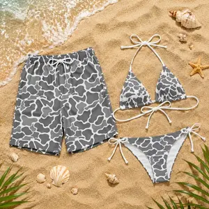Grey Camo Couple Swimwear, Matching Bikini and Swim Shorts Set, Camouflage Beach Outfit His and Hers, Minimal Aesthetic Swimsuit