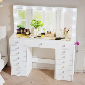【2 Packages Shipped】VOWNER Vanity Desk with Mirror and Lights 51" Makeup Vanity with Glass Top & Power Outlet White Vanity with 15 Drawers 13 Light Bulbs with 3 LED Lighting Modes Adjustable for Bedroom