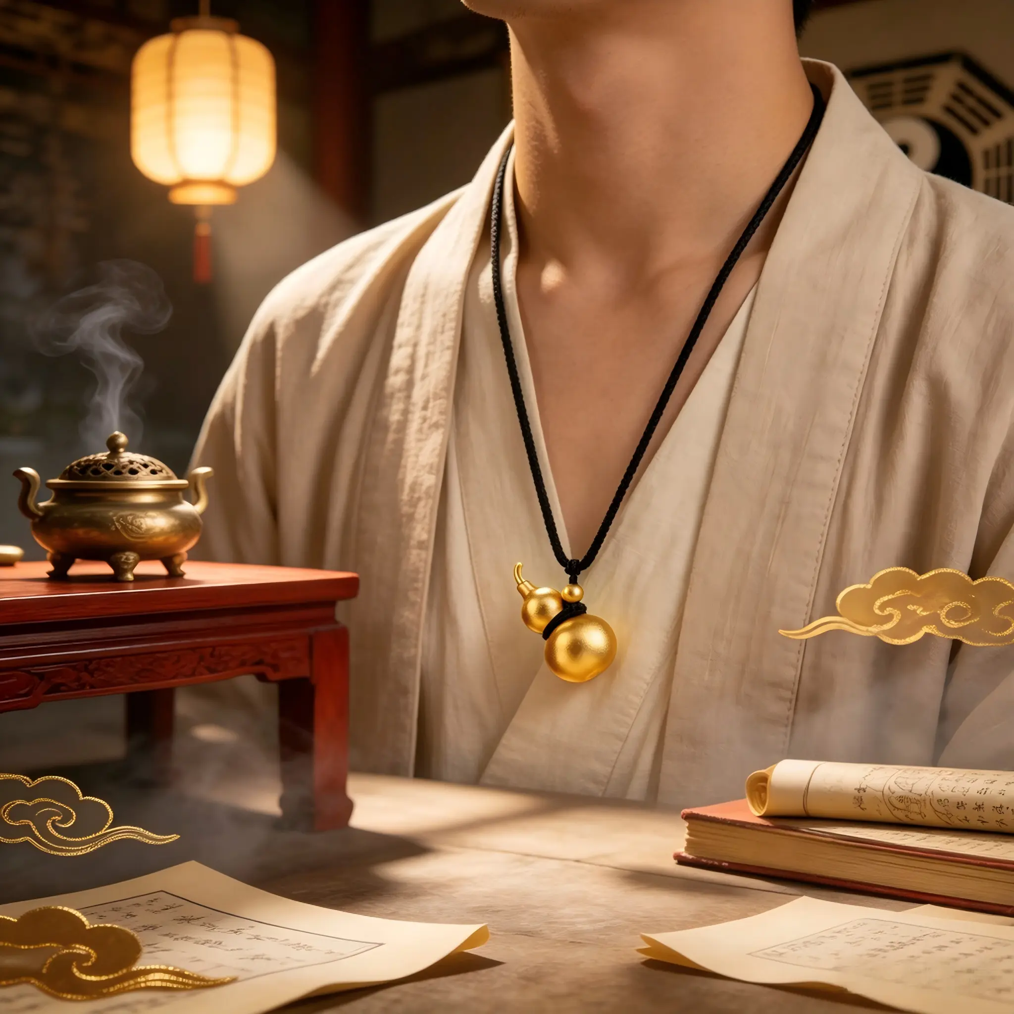 18K gold-plated gourd pendant necklace, Taoist talisman, absorbs positive energy and draws in wealth energy, used to drive away the murky and evil energy around you