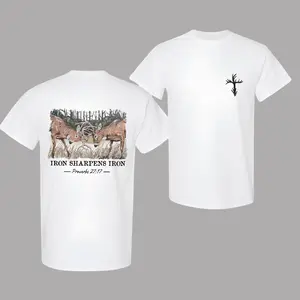 Sharpens Iron Christian Hunting Shirt, Proverbs 27:17 Buck Graphic Tee, Faith and Outdoors Bible Verse T-Shirt, Religious Hunter Gift for Men