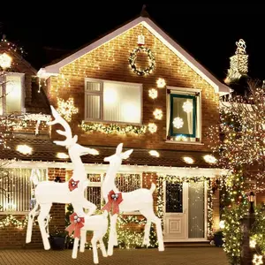 [2024]Christmas Decoration Deer 3 Piece,Reindeer Family Set for Indoor Outdoor Front Yard Porch with LED Lights,ironmongery - white Insert Ornaments