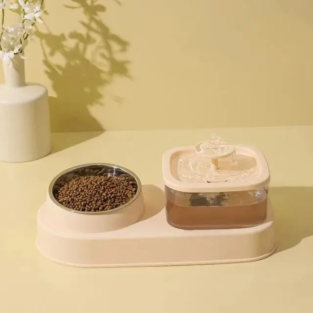 Cat Water Dispenser and Feeding Bowl 2-in-1, Dry and wet separation automatic water dispenser Sturdy cat feeding bowl Cat and dog feeding supplies Noise reduction design High quality safe durable easy to clean flow design