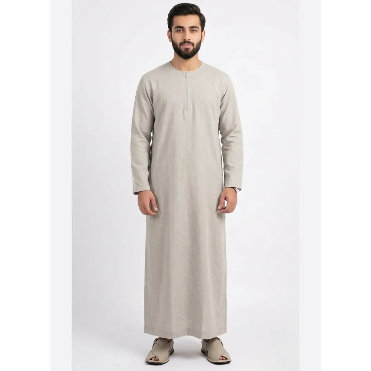 Men's Plain Cotton Thobe - Traditional Long Sleeve Islamic Robe, Floor-Length Machine-Washable Modest Wear for Daily Use & All Seasons