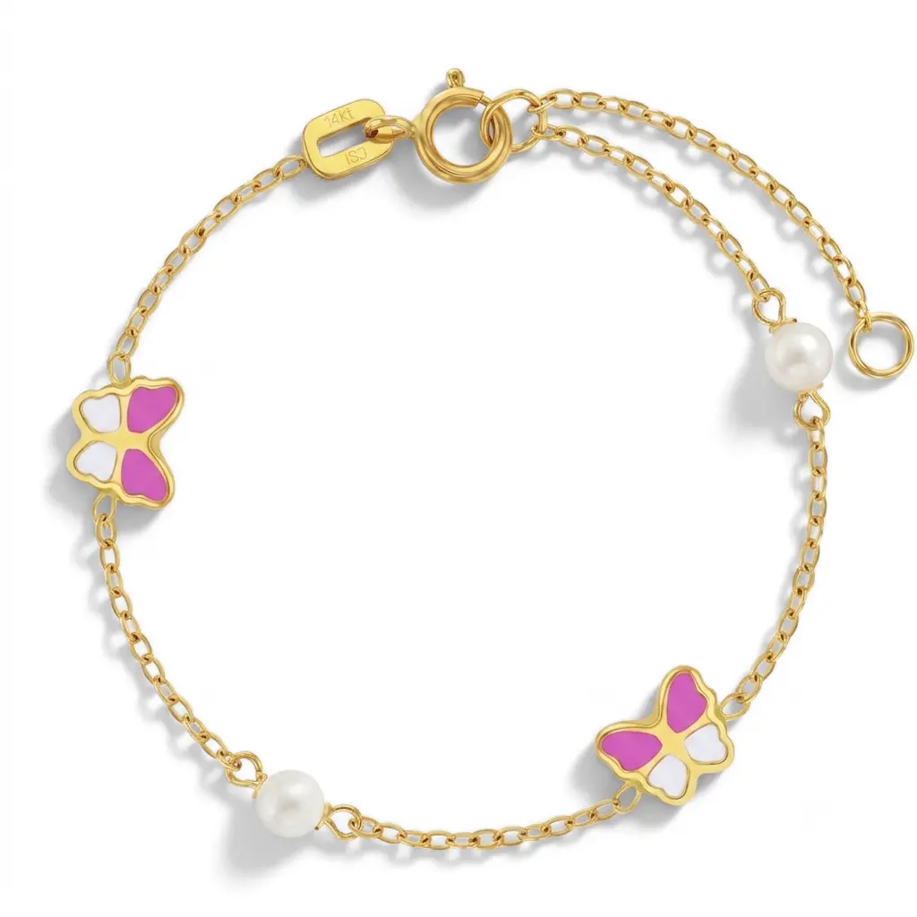 14k Gold 5.5" Pink Butterfly Baby / Toddler / Kids Bracelet Enamel
