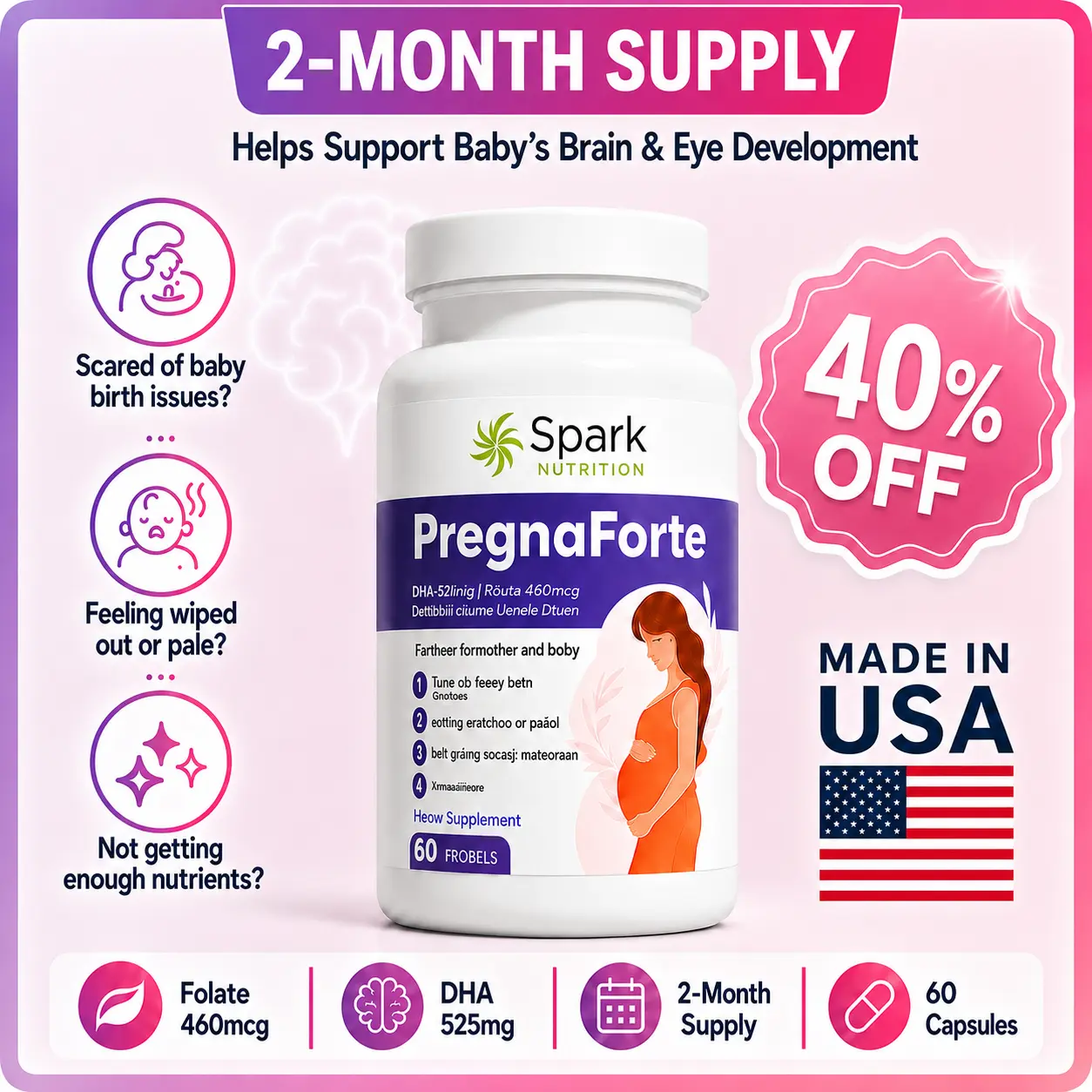 Spark Nutrition Pregnaforte Best Prenatal Vitamins - 1 a Day Multivitamin 2 Month Supply with Folic Acid Omega-3 DHA EPA Iron Choline Non-GMO Gluten-Free Organic Multimineral Supplement Supports Fetal Development Pregnancy Health TTC Postpartum
