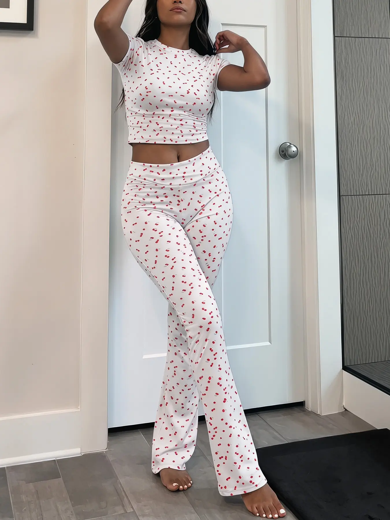 Cute cherry pattern two-piece casual pants set | Women's Comfortable and soft crop top T-shirt and high waisted flared pants, stylish and elegant style, perfect for home wear, daily wear, and date nights