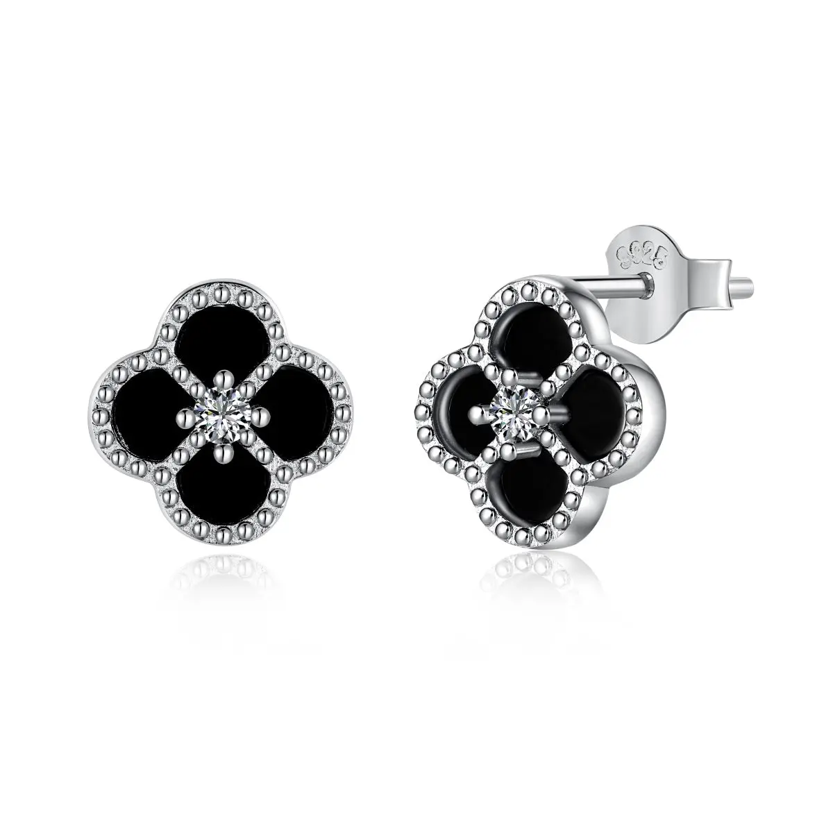 Onyx Petal Rhodium Earrings