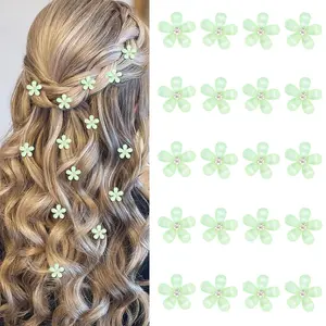Mini Green Flower Hair Accessories with Rhinestone Cute Hair Pins, Wedding Bridal Decorative Barrettes for Girls Women