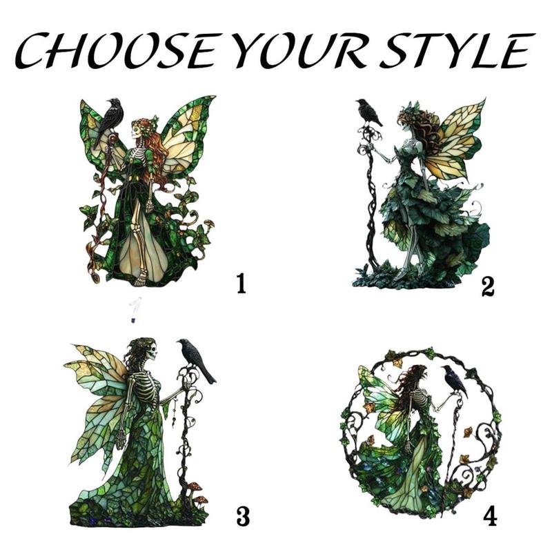 Gothic Skeleton Fairy Acrylic Suncatcher Green Raven Witch Faux Stained Glass Halloween Gift for Witchy Decor & Dark Academia Style