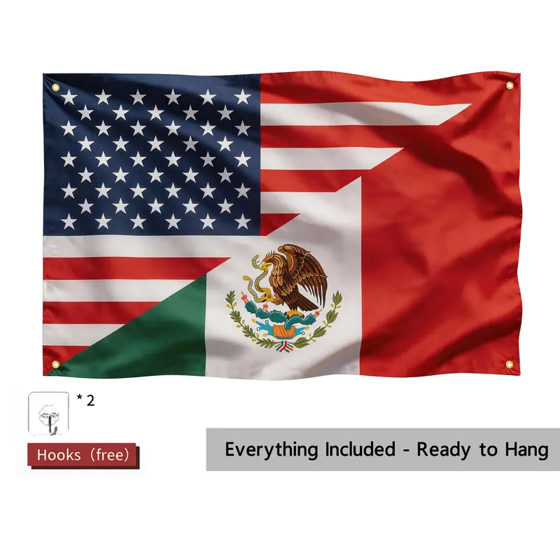 1pc 3*5ft Combined USA-Mexico Friendship Flag with Brass Grommets - Lightweight Double Edge Banners, Backdrop for Independence Day, Home/Festive Supplies for Unity Lovers, Hispanic Heritage Month Use with Bonus Accessories