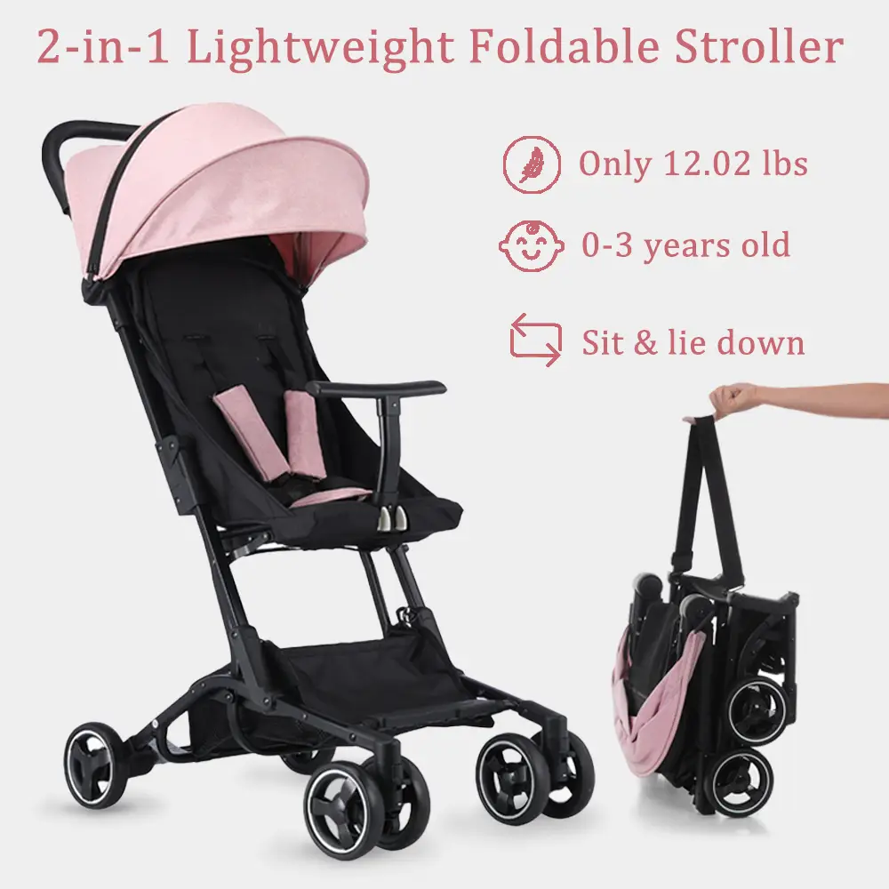 Lightweight Pocket Stroller, Only 12.02 lbs, Folding Baby Stroller for Airplane, Large Canopy, 5-point Harness, Removable for Washing, Equipped with D