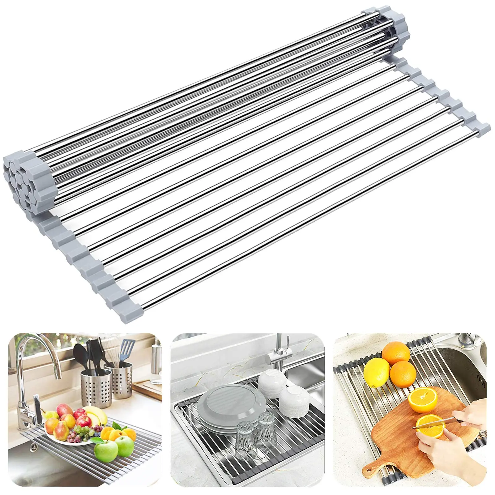 Stainless Steel Over-The-Sink Roll-Up Foldable Adjustable Dish Drying Rack, 18.5"x13.8" Compact Kitchen Organizer with Draining Board, 10-15 Kg Capacity for Dishes Storage & Drying
