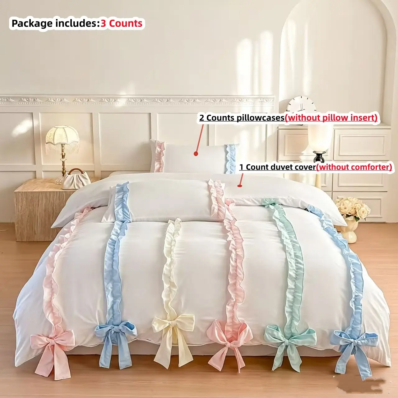 Princess Style Colorful Lace Theme Bedding Set, Includes 1 Lace Duvet Cover and 2 Pillowcases, Zipper Design, Soft Fabric, All Seasons, Breathable Duvet Set