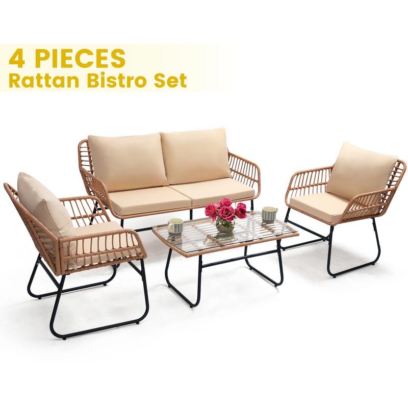 4 Piece Patio Bistro Outdoor Furniture Set, Wicker Sofa, 2 Rattan Chairs, and Table, Backyard Conversation Set, All Weather Cushions, Natural Rattan Beige Cushion ,outdoor furniture 4 Piece Patio Bistro Outdoor Furniture Set, Wicker Sofa, 2 Rattan Chairs, and Table, Backyard Conversation Set, All Weather Cushions, Natural Rattan Beige Cushion ,outdoor furniture