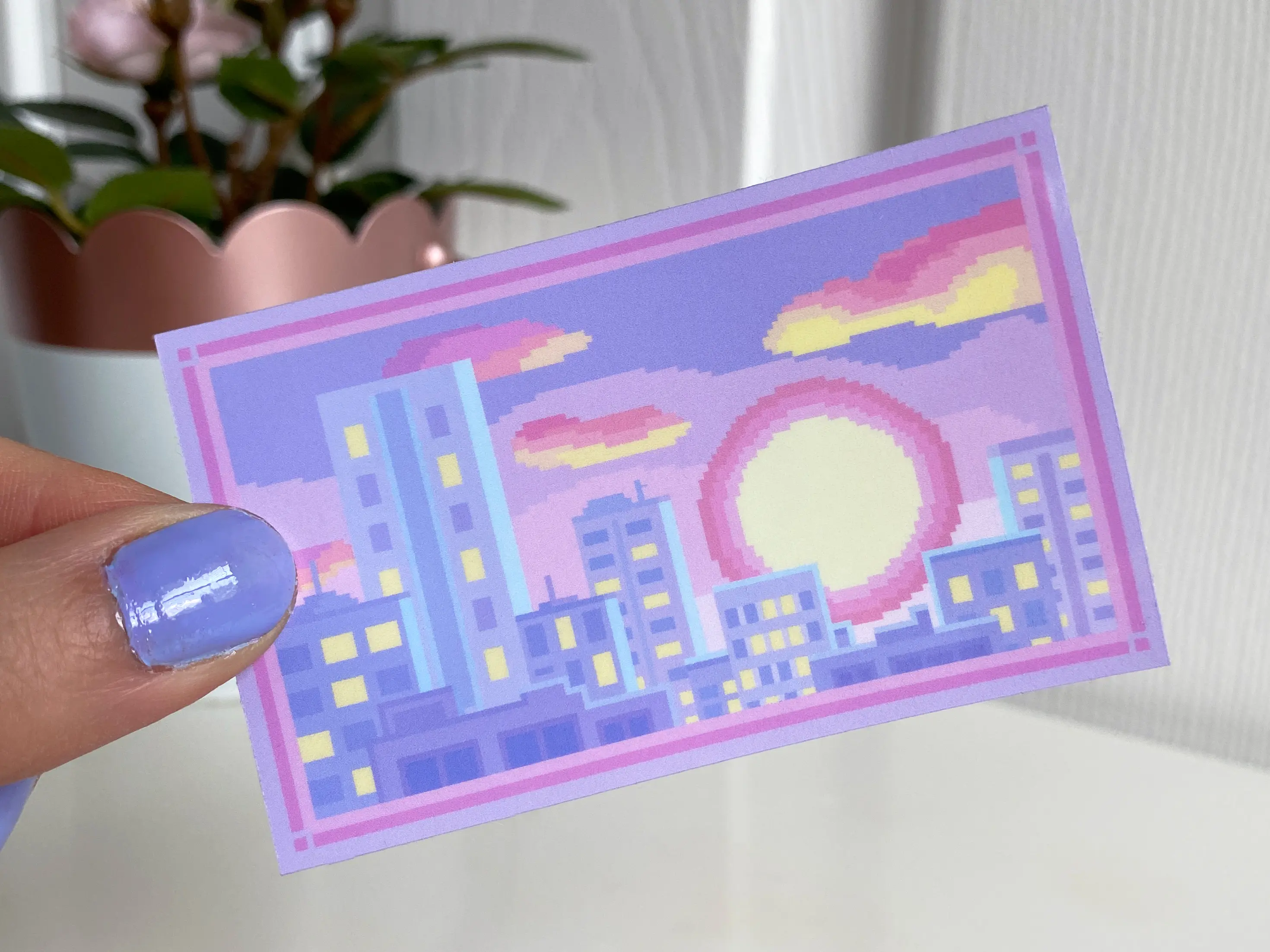 City Sunset Pixel Art Sticker, Retro Colorful Glossy Die Cut Sticker, Waterproof and Laminated Decor