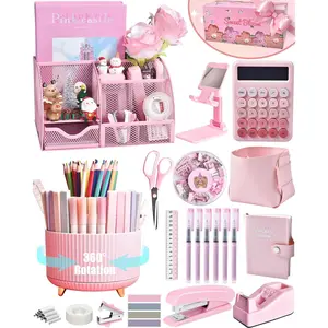 21Pcs Pink Desk Organizers and Accessories With Mesh Desk Organizer, 360°Rotating Pen Holder and Office Supplies Beautifully Presented in a Gift Box