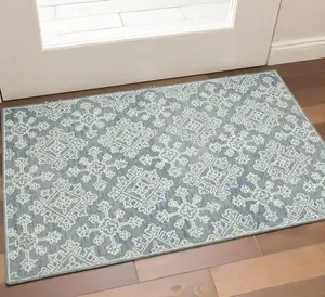 360 stand Sky Blue & Ivory Wool Oriental Handhooked Rectangle Area Rug, 2x3 ft, Handhooked Wool Fiber, Oriental Motif, Transitional Look, Artistic Touch
