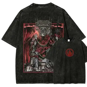Men's Elden Ring Messmer The Impaler Throne Distressed Vintage Short-Sleeve Crew Neck Fitted Tshirt - Unisex Acid Washed Lightweight Cotton Hooded Top, Everyday Figure Fit, Game Fans Gift, Streetwear