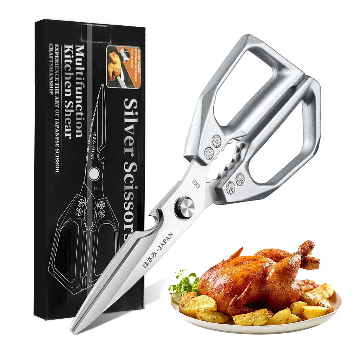 Kitchen Scissors All Purpose -FallFreshness- Stainless Steel Kitchen Shears, Sharp Silver Meat Scissors,Dishwasher Safe, Poultry Shears, Japanese Cooking Scissors for Food, Chicken Bones, and Turkey