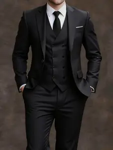 Men's 3pcs Slim Fit British Style Tuxedo Set - Black Suit with White Shirt & Pants, Collar & Jacket, Wedding & Formal Attire, Business Events, Prom, Durable Tailored Suits (No Stretch)