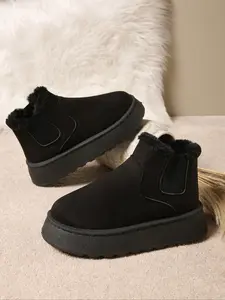 Women's Thick Soled Winter Snow Boots, Plush Lining & Anti-Slip Rubber Outsole, Casual Ankle Boots for Fall & Winter, Textile Upper Material