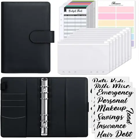 Budget Binder with Zipper Envelope, 1 Set A6 Monthly Budget Planner with Cash Envelope & Budget Sheets & Stickers, Stationery Supplies for Home School Office, Planner Notebook, Budget Financial Planner