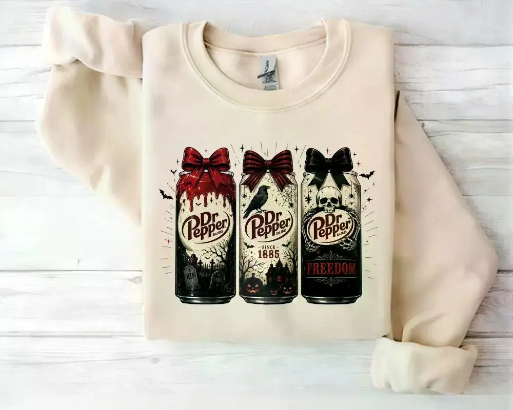 Halloween DrPepper Sweatshirt, Spooky Soda Can Graphic Crewneck, Gothic Bow Pumpkin Pullover, Vintage Fall Drink Lover Gift for Women