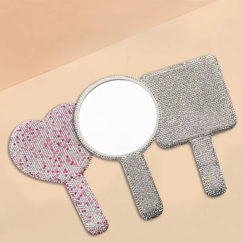 White Diamond Round Makeup Mirror with HD Crystal Handle, Diamond Heart Design, Bathroom Home Supply Gadget, White Diamond Round Mirror