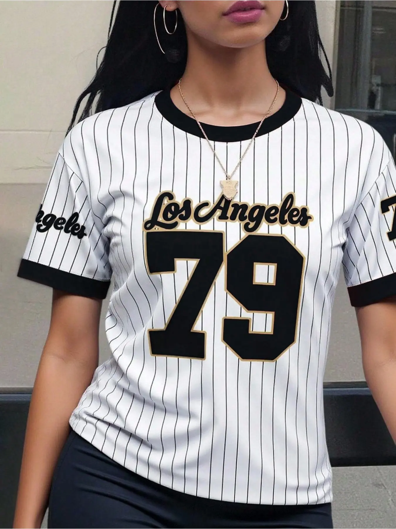 Los Angeles 79 striped women's T-shirt - Round Neck, soft, breathable, Loose, machine washable short sleeved top, Casual Tee Tops, suitable for spring and summer casual wear, streetwear, women's T-shirt, commuting daily