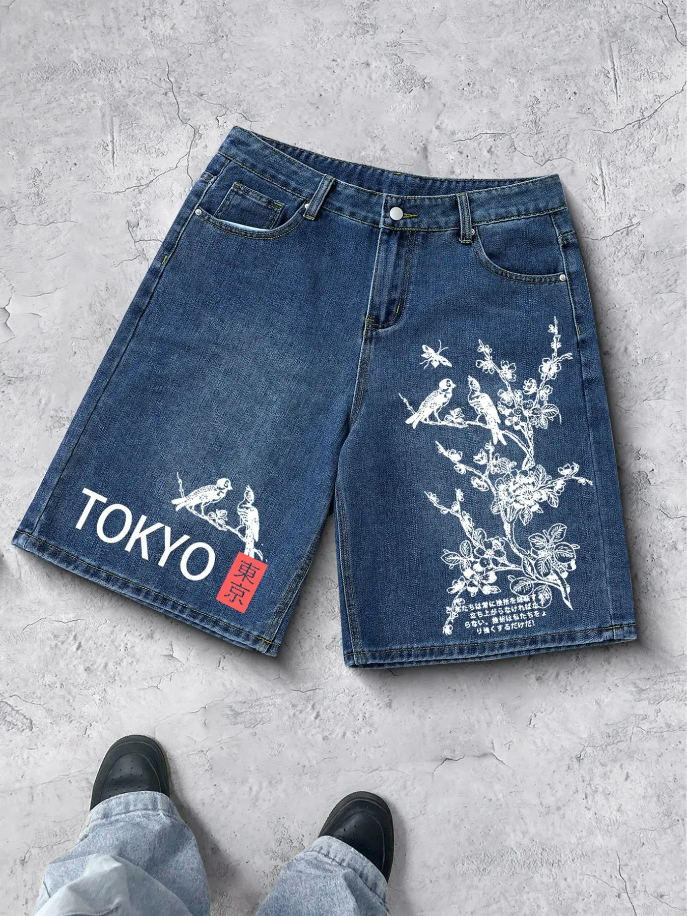 Mens Jeans Shorts Capri Denim Japanese Pattern Embroidery Phoenix