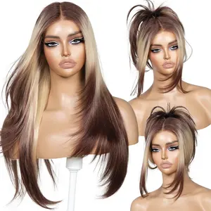 ENCOUNTERU-Chole Middle Part Layered Straight Synthetic Lace Front Glueless Wig with Bangs 26 Inch Pre Cut Lace Pre Plucked for Beginners Vivid Self Growing Hairline Easy Wear Comfortable Fit