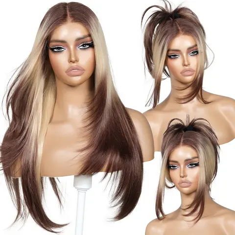 ENCOUNTERU Women's Glueless Frontal Layered Wig - Beginner Friendly, 26" Natural Straight Pink with Bangs, Pre-Cut Middle Part, Pre-Plucked Line, for Casual Outings, Wigs for Women