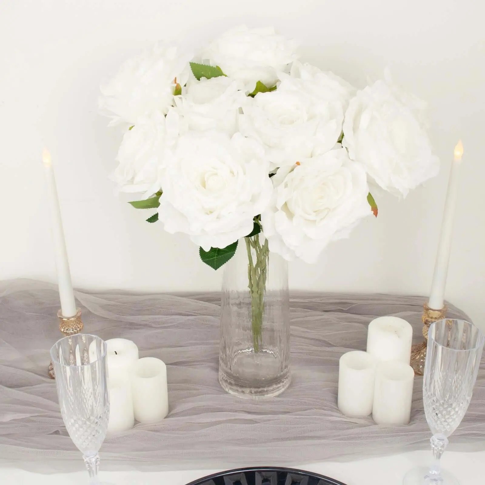Premium White Silk Roses Jumbo Artificial Flower Bushes (2-Pack, 17in) - Durable Floral Decor, Decorative Bouquet for Wedding Table Decor, Anniversary & Birthday Gifting