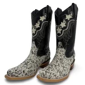 Ladies Cowhide Cowboy Boots with Embroidered Flowers Round Toe Winter Events Western Wear Comfort Style Durability Genuine Hair Texture Classic Cuban Heel